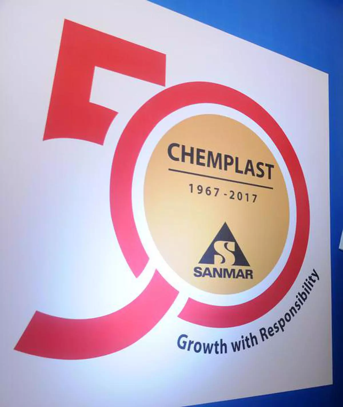 CHENNAI, TAMIL NADU, 04/05/2017: The name board with company logo at the Golden Jubilee celebration of Chemplast Sanmar, in Chennai on May 4, 2017. Photo: Bijoy Ghosh