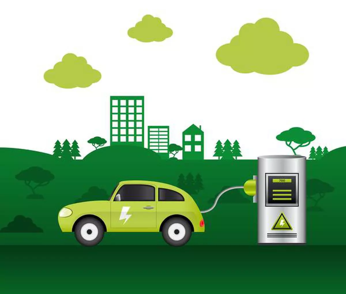 Electric car print with green auto plugged into battery vector illustration 06EPBS_Ashish Aggarwal