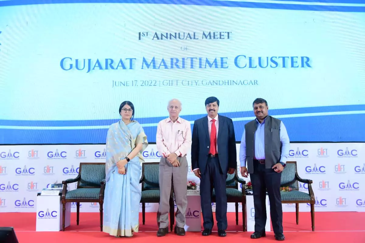 (From Left to Right) Avantika Singh, Vice Chairman and CEO, Gujarat Maritime Board, Tapan Ray, MD and Group CEO, GIFT City, Manoj Kumar Das, Additional Chief Secretary (Ports and Transport Department), and Santosh Kumar, Director G-Ride at the first annual meet of Gujarat Maritime Cluster on Friday at GIFT City.