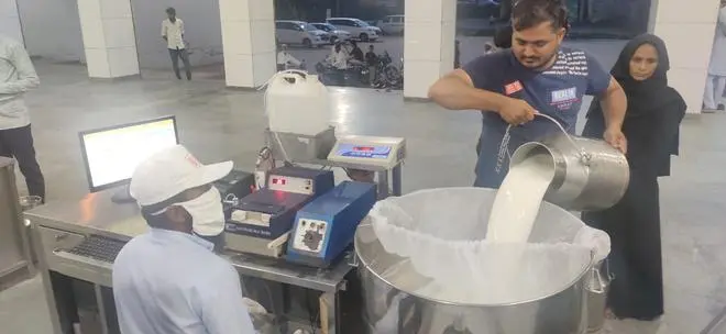 Milk producers pour milk at the village milk society twice a day, morning and evening. Milk producers pour milk at the village milk society twice a day, morning and evening.