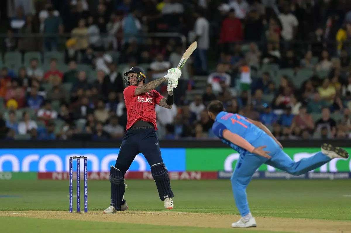 England’s Alex Hales (L) plays a shot off the bowling of India’s Mohammed Shami during the ICC men’s Twenty20 World Cup 2022 semi-final cricket match England and India at The Adelaide Oval in Adelaide on Thursday. 