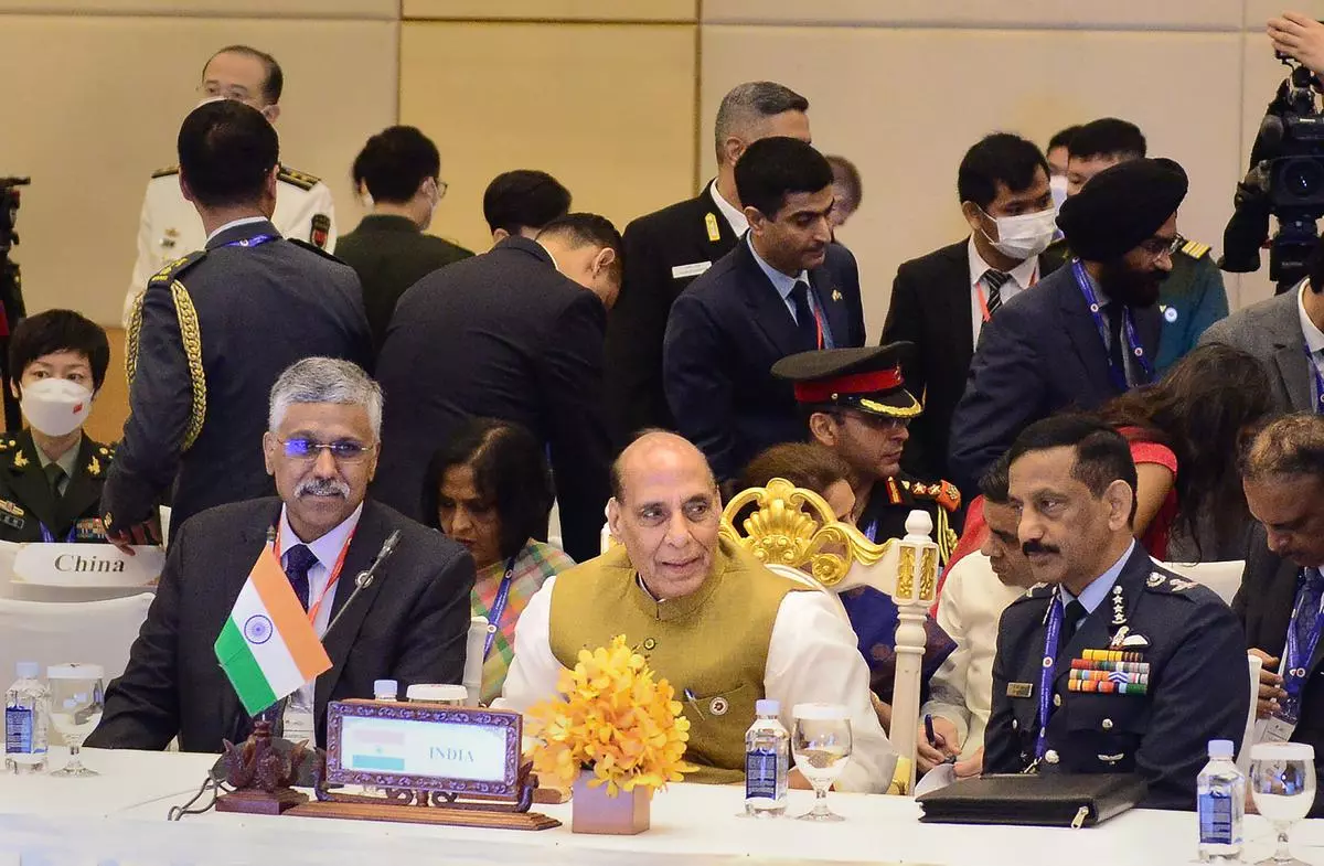 Defence Minister Rajnath Singh during the ASEAN Defence Ministers’ Meeting Plus, in Siem Reap, Cambodia, on Wednesday