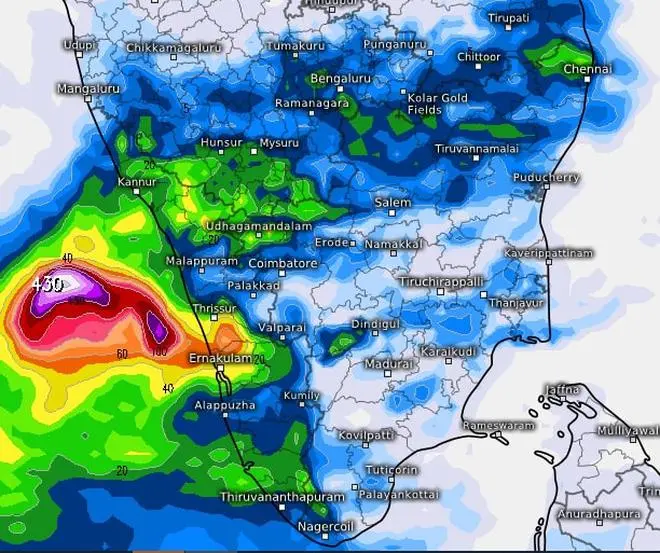 Heavy rain is forecast for most of Kerala, parts of South Interior Karnataka and Tamil Nadu into Monday, an India Meteorological Department forecast says. Heavy rain is forecast for most of Kerala, parts of South Interior Karnataka and Tamil Nadu into Monday, an India Meteorological Department forecast says.