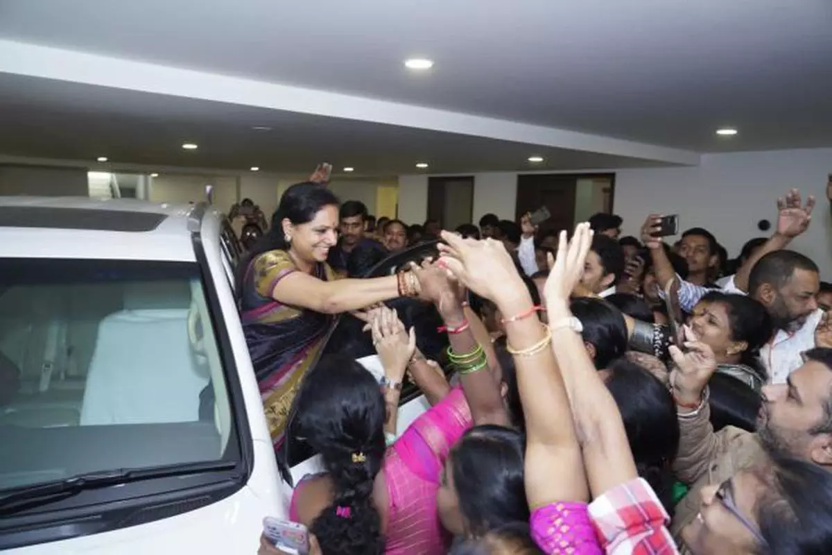 Telangana Chief Minister K Chandrashekar Rao’s daughter K Kavitha being greeted by the  Bharat Rashtra Samithi, (formerly known as TRS) party followers in Hyderabad on  Saturday, December 2, 2022.