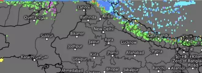 An incoming western disturbance had set rainfall and snowfall (in blue and purple) over the hills of West Himalayas in North-West India after a tryst with the neighbouring north Pakistan and east Afghanistan. 