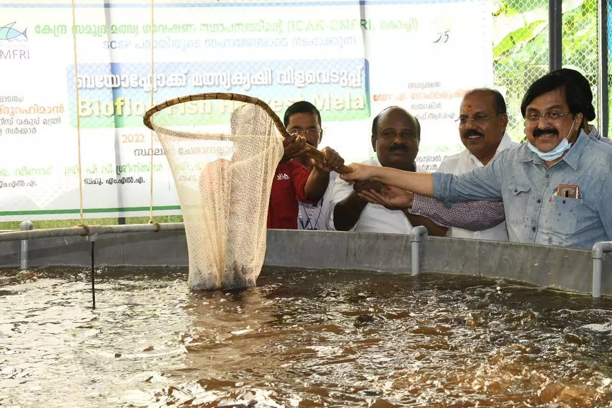 Ernakulam MLA TJ Vinod inaugurating the harvest mela of biofloc fish farming in Cheranalloor, Kochi 