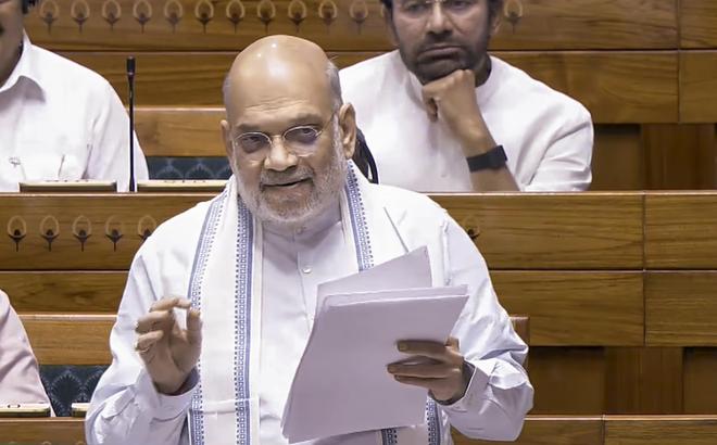 New Delhi: Union Home Minister Amit Shah speaks in the Lok Sabha during the Special session of Parliament, in New Delhi, Friday, April 17, 2026.