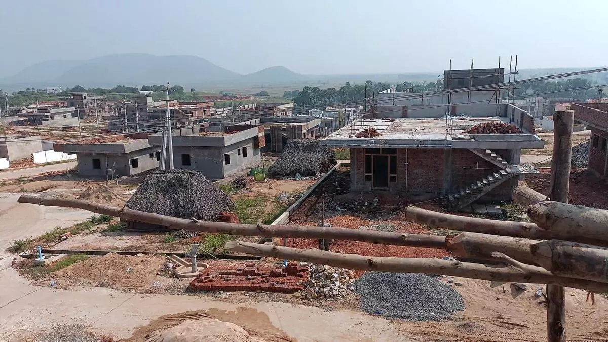 A view of the Andhra Pradesh government constructing a colony at Gudepuvalasa near Bhogapuram international airport in Vizianagaram district. 