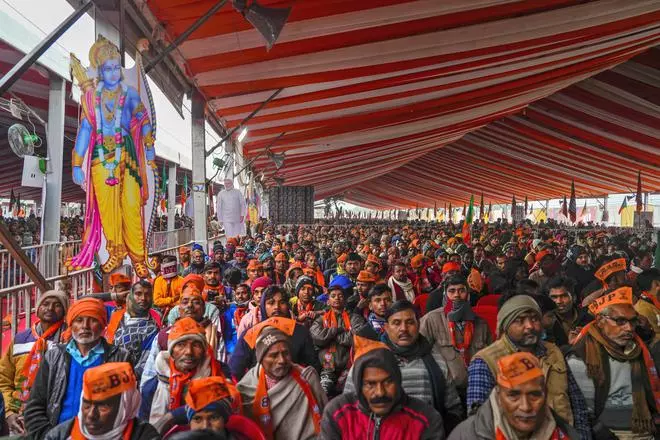 Ayodhya: BJP supporters during a public meeting addressed by Prime Minister Narendra Modi and others, in Ayodhya, Saturday, Dec. 30, 2023. 