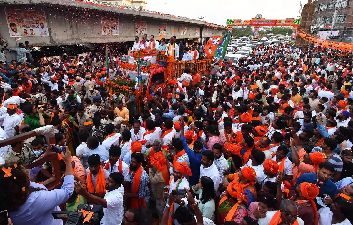 Bharatiya Janata Party organised a major procession to welcome party president JP Nadda when he arrived at the Hyderabad international airport for the national executive meeting in Hyderabad on Friday
