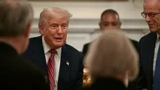 U.S. President Donald Trump attends a dinner with Republican Senators, in the State Dining Room at the White House in Washington, D.C., U.S., July 18, 2025. 
