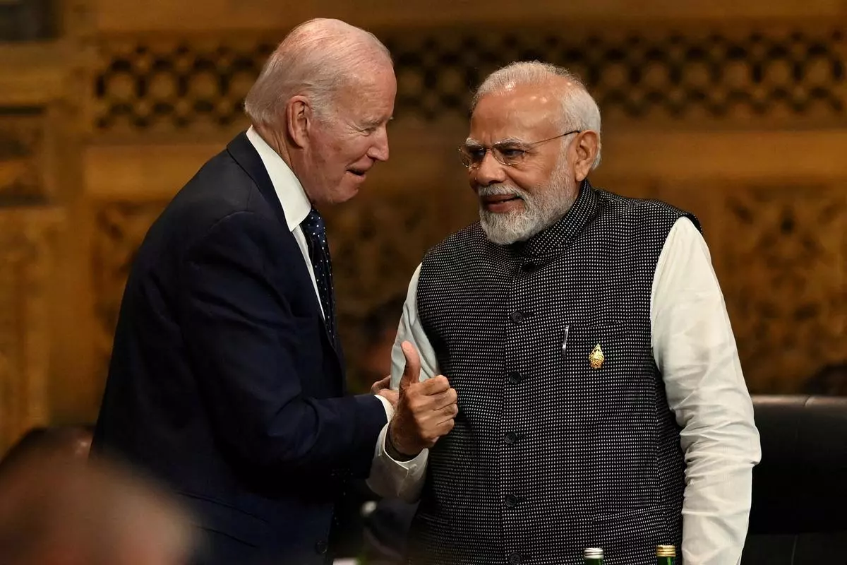 FILE PHOTO: President of the U.S. Joe Biden  with Prime Minister of India Narendra Modi at the G20 Summit opening session in Nusa Dua, Bali, Indonesia, Tuesday, Nov. 15, 2022. 