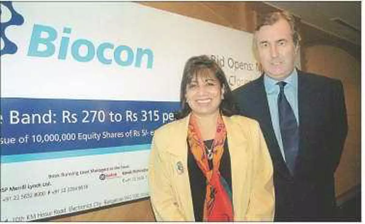 File picture of Kiran Mazumdar-Shaw, Chairperson, Biocon Ltd, with her husband John Shaw, at a press conference in Mumbai