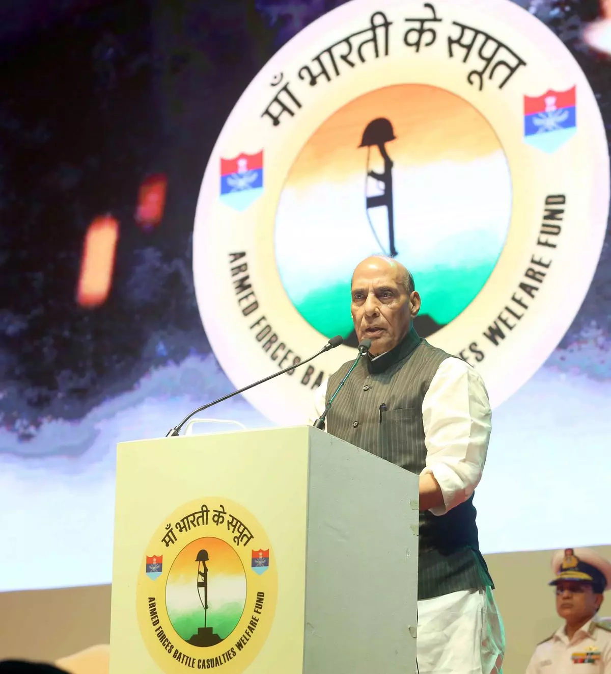 Defence Minister Rajnath Singh addresses at the launch of ‘Maa Bharati Ke Sapoot’ website, at National War Memorial, in New Delhi, Friday, Oct. 14, 2022. (PTI Photo)