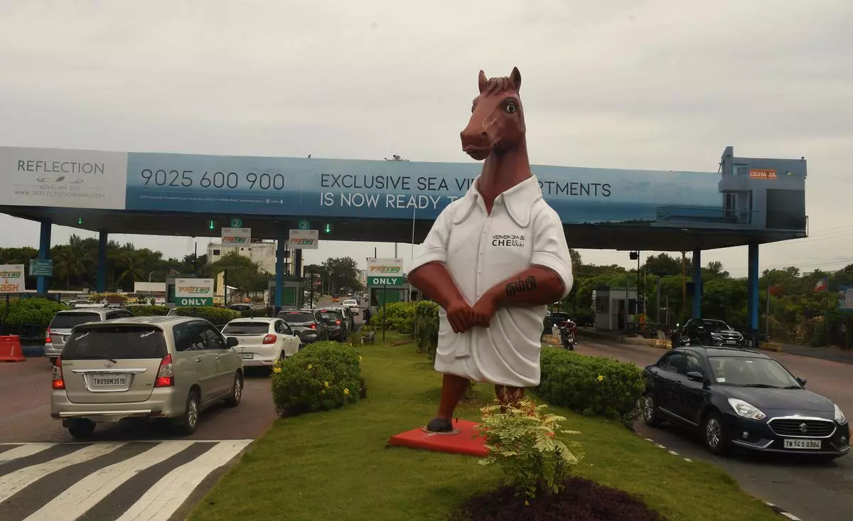 Thambi- the official mascot of the 44th Chess Olympiad at the ECR toll plaza in Chennai.