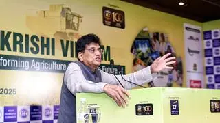 Union Minister of Commerce and Industry Piyush Goyal addresses the Krishi Vikram 2025 “Transforming Agriculture for a Secure Future of Viksit Bharat” event, in New Delhi on Wednesday. Union Minister of Commerce and Industry Piyush Goyal addresses the Krishi Vikram 2025 “Transforming Agriculture for a Secure Future of Viksit Bharat” event, in New Delhi on Wednesday.