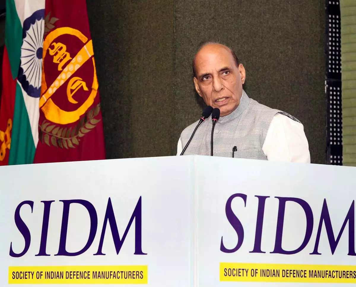 Defence Minister Rajnath Singh addressing the 5th annual session of Society of Indian Defence Manufacturers, in New Delhi, on Tuesday
