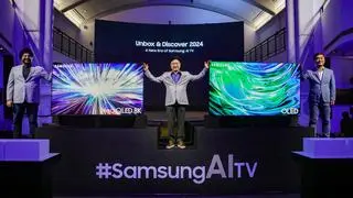 Samsung CEO (Southwest Asia) J.B. Park with Samsung India Corporate VP (Visual Display Business) CH Choi and Samsung India Senior VP (Visual Display Business) Mohandeep Singh during the launch of Samsung Neo Qled 8K TV, in Bengaluru, on Wednesday Samsung CEO (Southwest Asia) J.B. Park with Samsung India Corporate VP (Visual Display Business) CH Choi and Samsung India Senior VP (Visual Display Business) Mohandeep Singh during the launch of Samsung Neo Qled 8K TV, in Bengaluru, on Wednesday