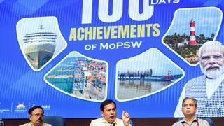 Union Minister for Ports, Shipping and Waterways Sarbananda Sonowal addresses a press conference on 100 days achievements of Ministry of Ports, Shipping and Waterways, at National Media Centre in New Delhi on Wednesday