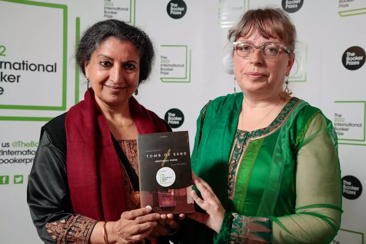 Geetanjali Shree and Daisy Rockwell attend The 2022 International Booker Prize Winner Ceremony at One Marylebone on May 26, 2022 in London.