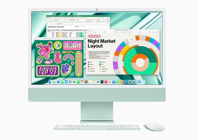 Available in green, yellow, orange, pink, purple, blue and silver, iMac comes with colour-matched accessories that complete its all-in-one design. Available in green, yellow, orange, pink, purple, blue and silver, iMac comes with colour-matched accessories that complete its all-in-one design.