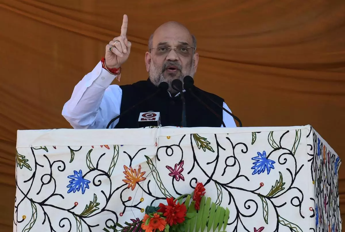 Home Minister Amit Shah addressing a rally at the Showkat Ali Satdium  in Baramulla district,  North Kashmir,  on Wednesday