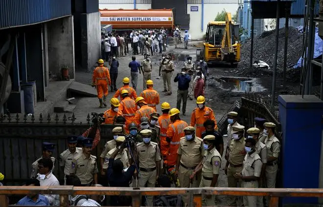 Emergency services personnel at the site after an explosion in Sigachi Industries Pvt. Ltd. in the Pashamylaram industrial area in Sangareddy district on Monday on June 30, 2025. Emergency services personnel at the site after an explosion in Sigachi Industries Pvt. Ltd. in the Pashamylaram industrial area in Sangareddy district on Monday on June 30, 2025.