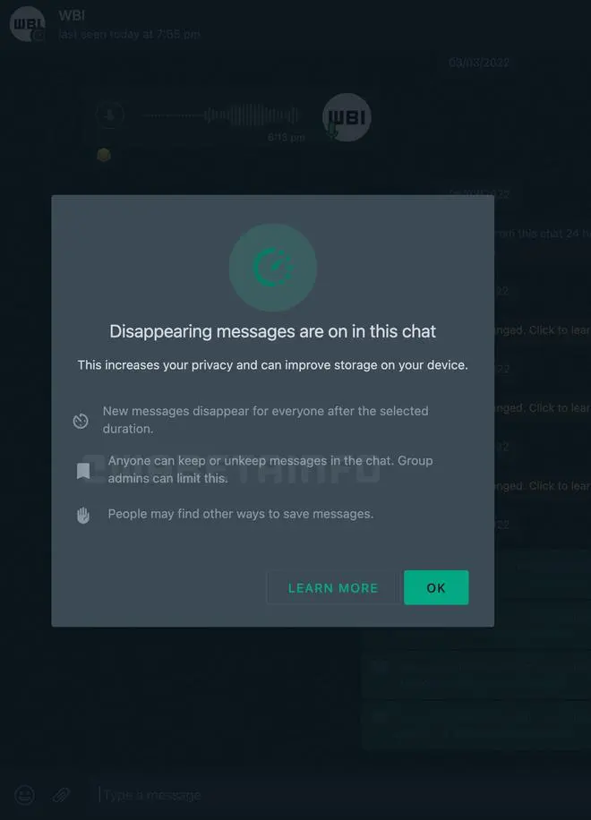 Screenshot of the feature retaining disappearing messages Screenshot of the feature retaining disappearing messages
