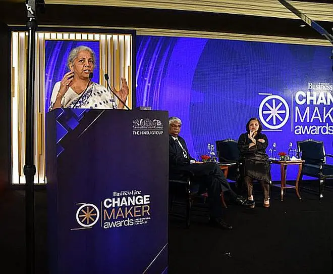 FM Sitharaman lauds the BL Changemakers award winners while addressing the audience at the BL Changemakers award function held in New Delhi on September 9, 2022. Malini Parthasarathy, Chairperson of THG Ltd, and Raghuvir Srinivasan, editor, BusinessLine are also seen. FM Sitharaman lauds the BL Changemakers award winners while addressing the audience at the BL Changemakers award function held in New Delhi on September 9, 2022. Malini Parthasarathy, Chairperson of THG Ltd, and Raghuvir Srinivasan, editor, BusinessLine are also seen.