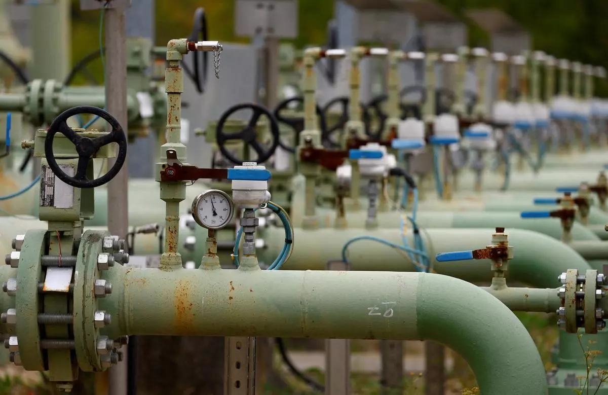 A gauge and valves are seen at Storengy’s natural gas storage site in Saint-Illiers-la-Ville, western France, September 20, 2022. 