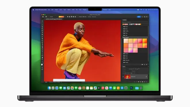 MacBook Pro with M3 Pro delivers faster filter and function performance in Adobe Photoshop. MacBook Pro with M3 Pro delivers faster filter and function performance in Adobe Photoshop.