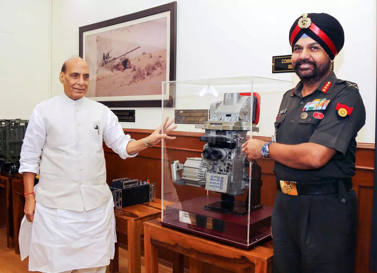 Union Defence Minister Rajnath Singh hands over an indigenously-developed equipment to the Indian Army, in New Delhi