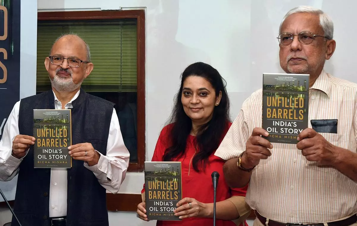 Richa Mishra, Bureau Chief (Hyderabad & Kolkata), BusinessLine and author of the book ‘Unfilled Barrels: India’s Oil Story’ flanked by Sunjoy Joshi, Chairman, Observer Research Foundation, and Vivek Rae, Chairman of Hindustan Oil Exploration Company, at the book discussion function on Saturday  
