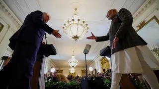 US President Donald Trump and Indian Prime Minister Narendra Modi prepare to shake hands during a joint press conference at the White House in Washington, DC, US, February 13, 2025.