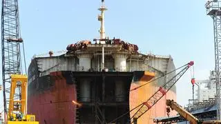 Beaching is when a ship is laid on a tidal mudflat, and the vessel is grounded deliberately during high tide. Breaking ops take place during the low tide. This is a popular process in South Asia.