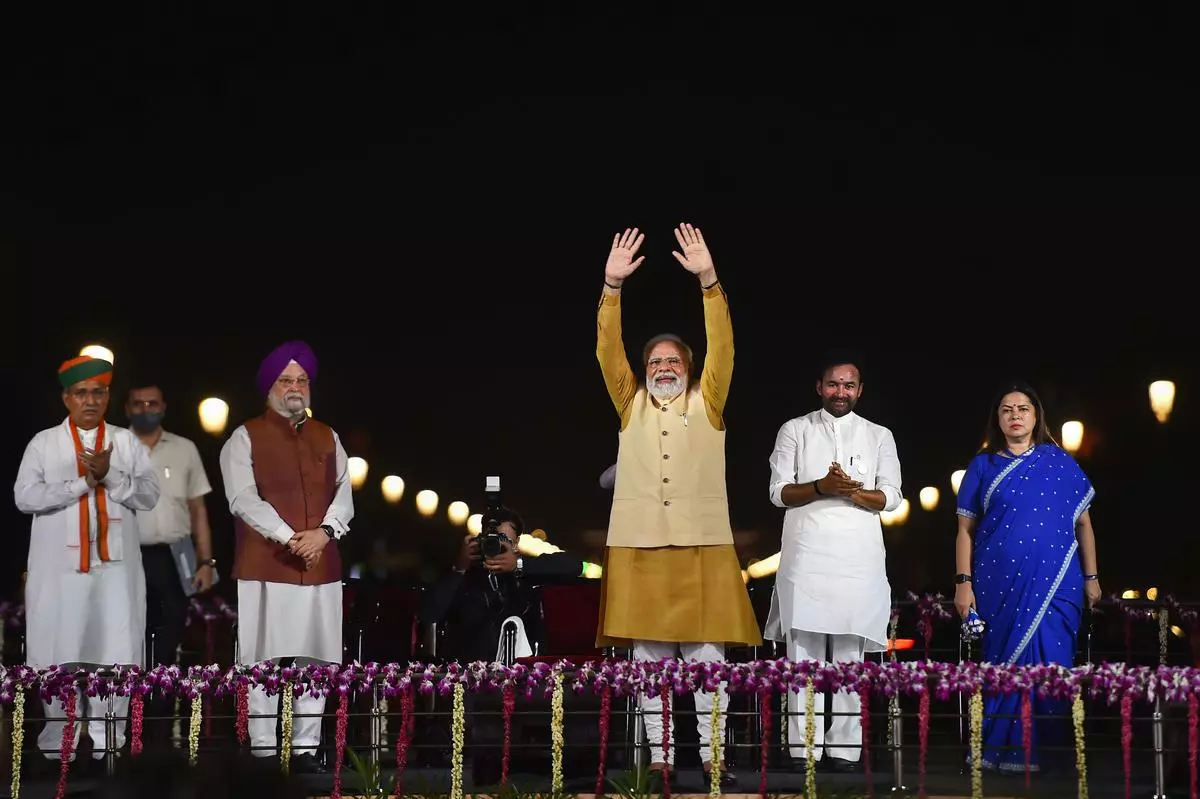Prime Minister Narendra Modi during the inauguration of newly-christened Kartavya Path, as part of revamped Central Vista in New Delhi, on Thursday. Union Minister Hardeep Singh Puri, G Kishan Reddy and others are also seen