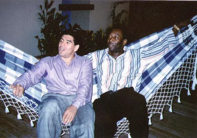 File photo of Soccer legends Diego Maradona and Pele on a hammock during a reception in Rio de Janeiro, Brazil.