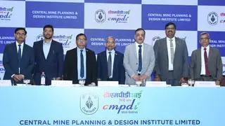 Photo caption: (L-R) Mr. Kamal Kant Upadhyay, MD & CEO, IDBI Capital Markets & Securities Ltd.; Vikrant Gupta, HOD – Business Development, Central Mine Planning & Design Institute Ltd.; Sudip Dasgupta, CFO, Central Mine Planning & Design Institute Ltd.; Chaudhari Shivraj Singh, CMD, Central Mine Planning & Design Institute Ltd.; Asheesh Kumar, Director – Business Development, Coal India Ltd.; Mukesh Agrawal, Director – Finance, Coal India Ltd.; and mr. Amrendra Singh, EVP, SBI Capital Markets Ltd.; at the IPO launch of Central Mine Planning & Design Institute Ltd. in Mumbai.