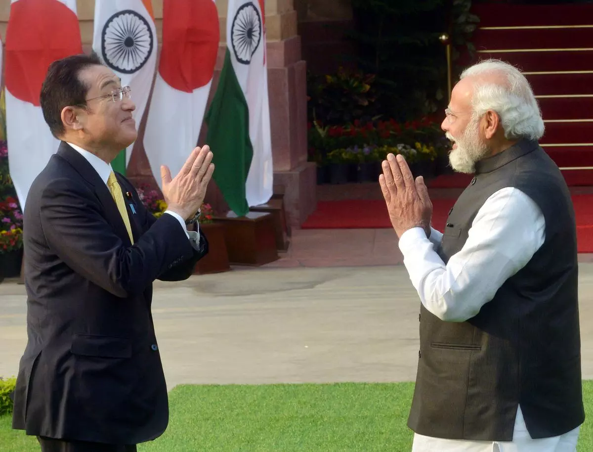 New Delhi, 19/03/2022. Japanese Prime Minister Fumio Kishida with Prime Minister Narendra Modi during a Meeting at the Hyderabad House in New Delhi on Saturday, March 19, 2022. 