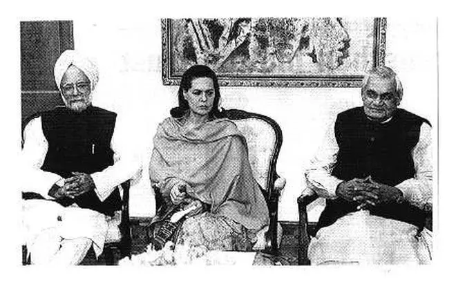  The Prime Minister,  Atal Behari Vajpayee (right), is seen with Congress(I) leaders Sonia Gandhi and Dr. Manmohan Singh at a meeting with the Opposition leaders at the Prime Minister’s residence in New Delhi on Sunday.