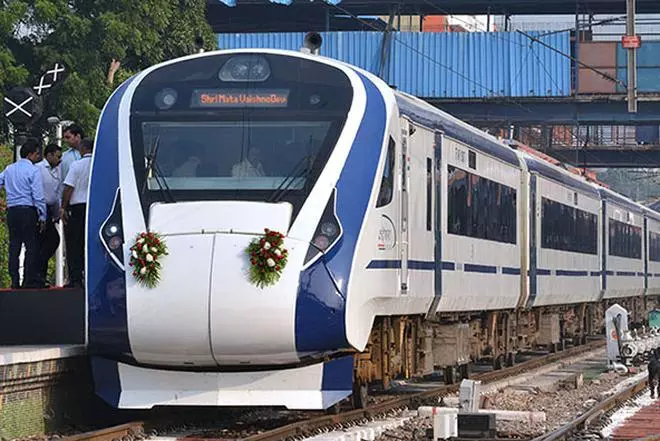A view of the Vande Bharat Express train running from New Delhi Railway Station to Vaishno Devi, Katra, Jammu.  Katra is the last station on the way of the famous Hindu pilgrimage Vaishno Devi, Vande Bharat Express in New Delhi will reduce the travel time between Delhi and Katra by eight hours.