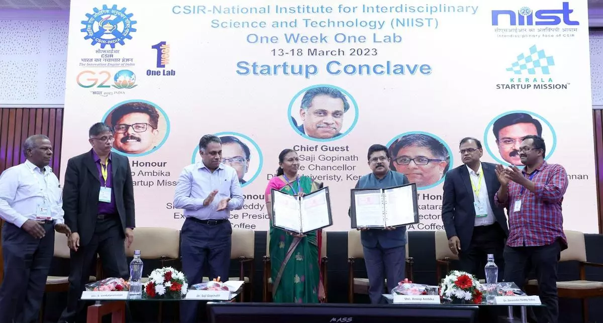 (From left) M Ravi, Chief Scientist, CSIR-NIIST; Venkataramanan, Executive Director, TATA Coffee;  Saji Gopinath, Vice Chancellor, Digital University Kerala;  S Savithri, Chief Scientist, CSIR-NIIST; Anoop Ambika, CEO, Kerala Startup Mission; Devendra Reddy Kalva, Executive Vice President, TATA Coffee; and RS Praveen Raj, Principal Scientist, CSIR-NIIST, at a start-up conclave organised at CSIR-NIIST, Thiruvananthapuram.