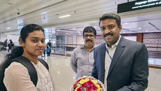 Ann Tessa Joseph, a deck cadet who was among 17 Indian nationals onboard the seized vessel MSC Aries, on her arrival at the Cochin Airport on Thursday, April 18, 2024. Ann Tessa Joseph, a deck cadet who was among 17 Indian nationals onboard the seized vessel MSC Aries, on her arrival at the Cochin Airport on Thursday, April 18, 2024.