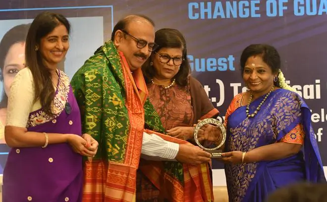 Telangana Governor and Lt Governor of Puducherry Dr. Tamilisai Soundararajan, Chairperson and The Committee of FICCI Ladies Organisation (FLO), Uma Chigurupati felicitating Padma Bhushan Awardees, Chairman and Managing Director of Bharat Biotech Dr. Krishna Ella, Co-Founder and Joint Managing Director Suchitra K. Ella during the Annual General Session and Change of Guard at ITC Kohenur, Gachibowli in Hyderabad on Tuesday, March 22, 2022. Telangana Governor and Lt Governor of Puducherry Dr. Tamilisai Soundararajan, Chairperson and The Committee of FICCI Ladies Organisation (FLO), Uma Chigurupati felicitating Padma Bhushan Awardees, Chairman and Managing Director of Bharat Biotech Dr. Krishna Ella, Co-Founder and Joint Managing Director Suchitra K. Ella during the Annual General Session and Change of Guard at ITC Kohenur, Gachibowli in Hyderabad on Tuesday, March 22, 2022.