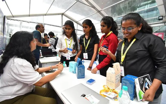 Youngsters enquiring about new startups at T-Hub 2.0 in Raidurg, Hyderabad. Youngsters enquiring about new startups at T-Hub 2.0 in Raidurg, Hyderabad.