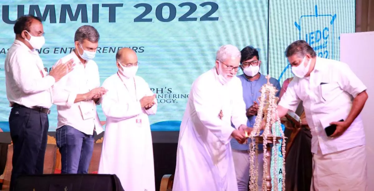 Youth Affairs and Culture Minister Saji Cheriyan inaugurating the  Innovation and Entrepreneurship Development Centre Summit organized by the Kerala Startup Mission in Pala on Saturday