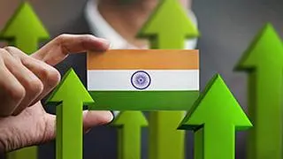 Nation Growth Concept, Green Up Arrows - Businessman Holding Card of India Flag