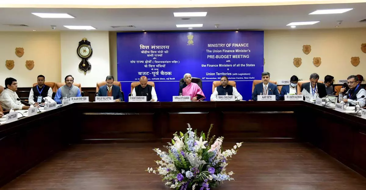 The Union Minister for Finance and Corporate Affairs, Nirmala Sitharaman at the Pre-Budget Meeting with the Finance Ministers of all the States and Union Territories, in New Delhi on November 25, 2022