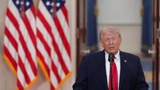 US President Donald Trump delivers an address to the nation about the Iran war at the White House in Washington, DC, US
