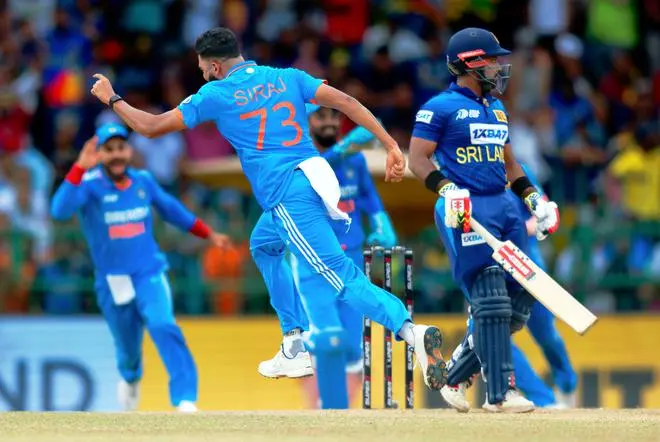 India’s Mohammed Siraj celebrates the wicket during the Asia Cup final cricket match between India and Sri Lanka, in Colombo. India’s Mohammed Siraj celebrates the wicket during the Asia Cup final cricket match between India and Sri Lanka, in Colombo.